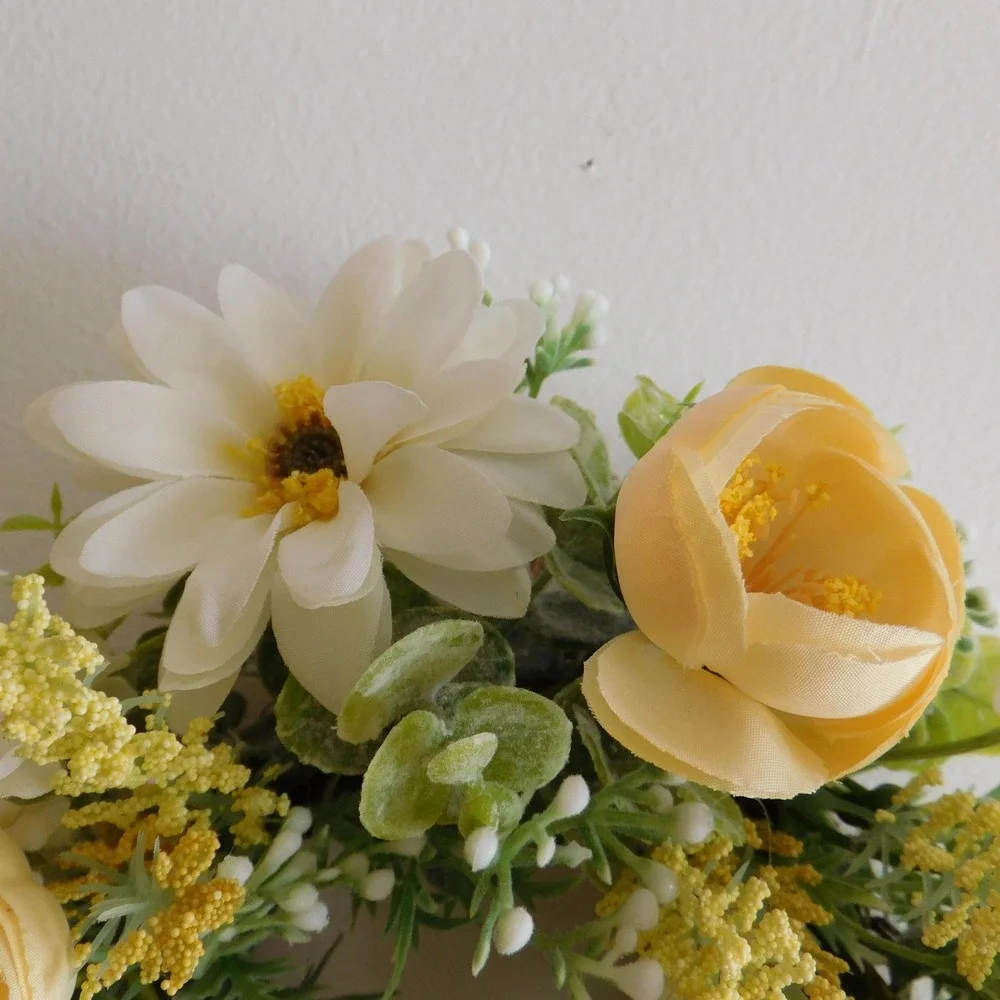 Yellow and White Floral Wreath, 11 Inch Candle Ring Centerpiece